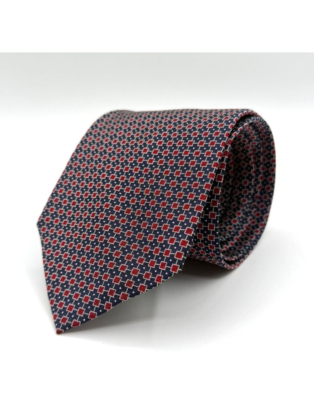 Lauren Ralph Lauren Red & Navy Blue Square Geometric Pattern Silk Tie 55.5" x 4"